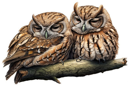 Owls sitting on a branch isolated on a white background.の素材