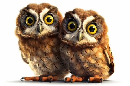 Two cute owls isolated on white background. 3D rendering.の素材