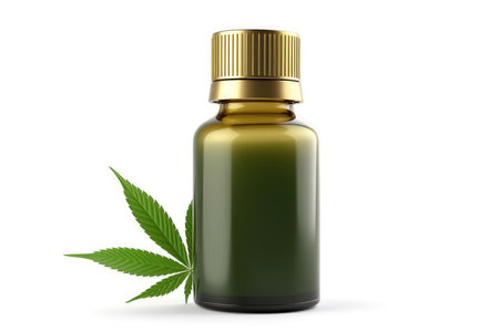 Cannabis oil bottle with hemp leaf isolated on white background. 3d illustrationの素材