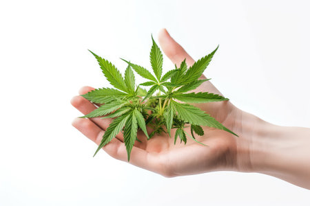 Cannabis plant in hand isolated on white background. Medical Marijuana.の素材
