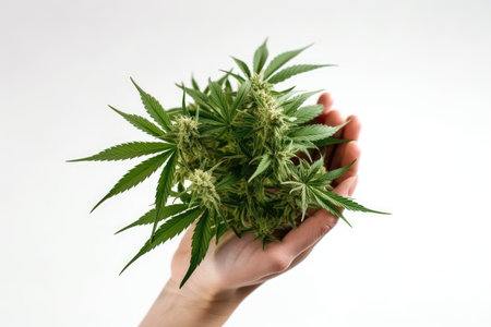 Cannabis plant in hand isolated on white background with copy spaceの素材