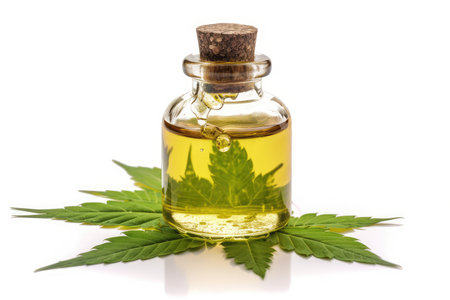cannabis oil in a small bottle with leafs isolated on white backgroundの素材