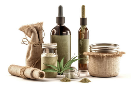 Cannabis oil in glass bottles with hemp leafs on white backgroundの素材