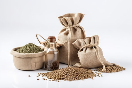 Spices and herbs in burlap bags on a white background.の素材