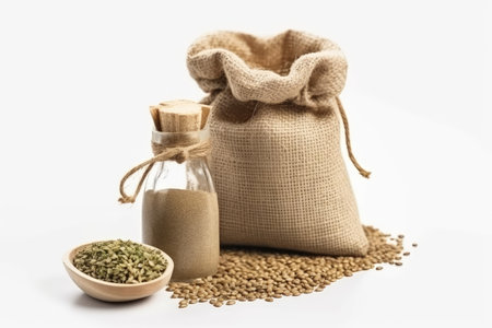 fragrant buckwheat in a burlap bag and a glass bottle with oil on a white backgroundの素材