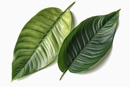 Two green leaves isolated on white background. Flat lay, top view.の素材