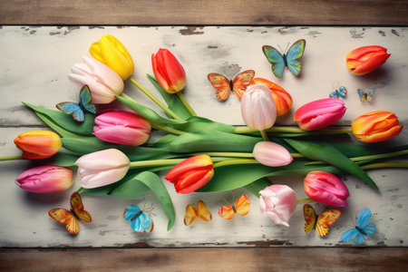 Bouquet of tulips and butterflies on wooden background. Toned.の素材