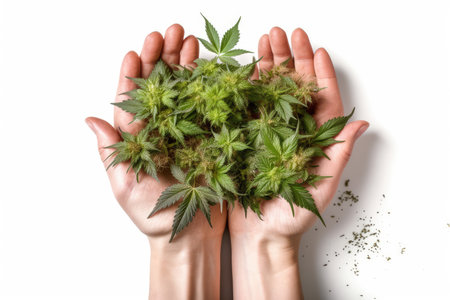 Hands holding cannabis plant isolated on white background. Top view.の素材