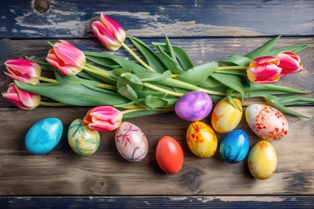 Easter eggs and tulips on rustic wooden background, top viewの素材