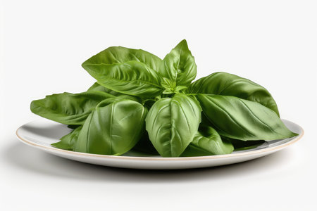 Fresh green basil leaves on a plate isolated on a white background.の素材