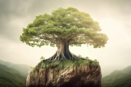 Tree in the mountains. Conceptual image. 3D Renderingの素材