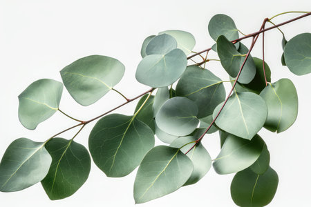 Eucalyptus branch on white background. Flat lay, top view.の素材