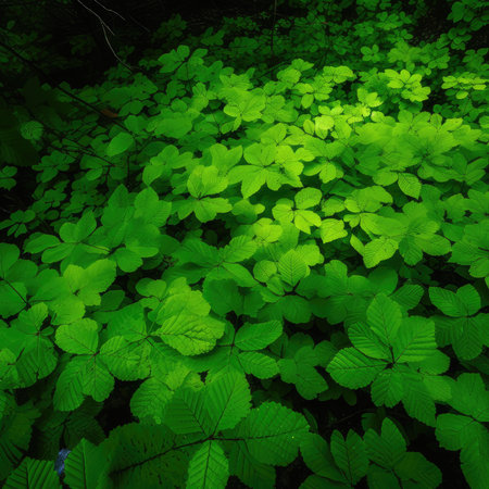 Green leaves in the forest. Abstract nature background with copy space.の素材