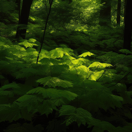 Ferns in the green forest in the light of the sunの素材
