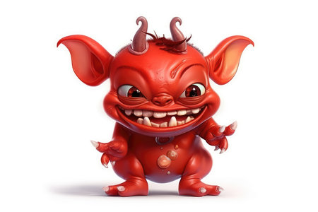3d rendered illustration of a cartoon little devil with horns and tailの素材