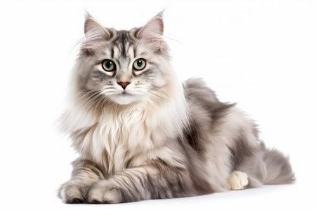 Siberian breed cat lying on white background. Looking at camera.の素材