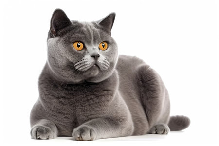 British shorthair cat lying on white background, looking at camera.の素材