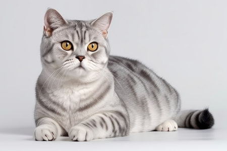 Studio shot of an American shorthair cat lying on grey background.の素材