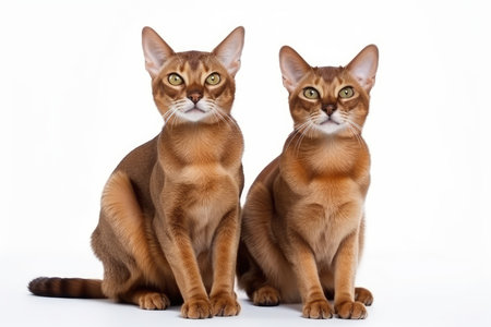 Two Abyssinian cats sitting on white background, looking at camera.の素材