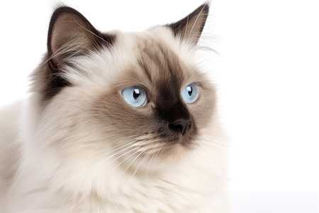 Portrait of a ragdoll cat with blue eyes on white backgroundの素材