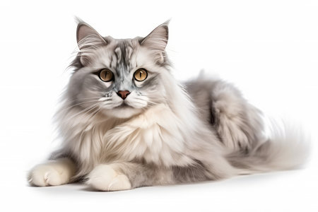 Persian cat lying on the floor, isolated on white background.の素材