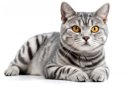 British Shorthair cat lying on white background. Isolated.の素材