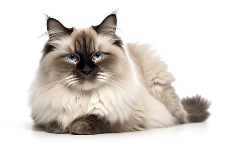 Ragdoll cat with blue eyes lying on a white backgroundの素材