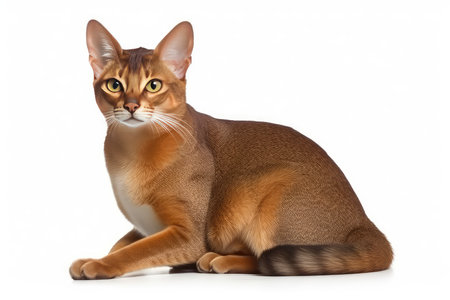 Beautiful Abyssinian cat isolated on white background. Side view.の素材