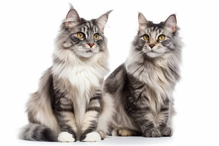 maine coon cat and siberian cat in front of white backgroundの素材