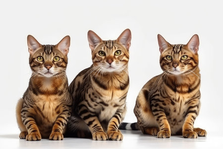 Three bengal cats sitting and looking at camera on white backgroundの素材
