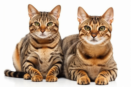 Two tabby cats looking at camera. isolated on white background.の素材