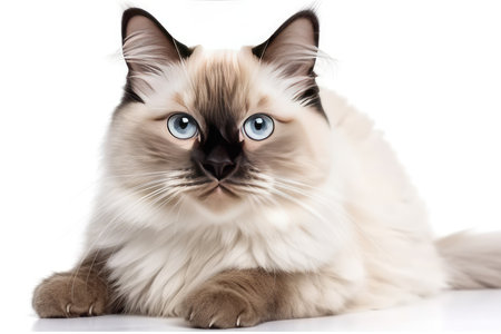 Ragdoll cat with blue eyes lying on white background isolatedの素材