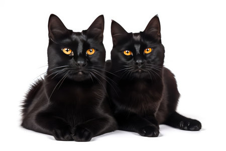 Two black cats with orange eyes isolated on white background. Studio shot.の素材