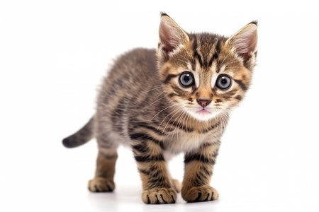 Cute bengal kitten standing on white background. Studio shot.の素材