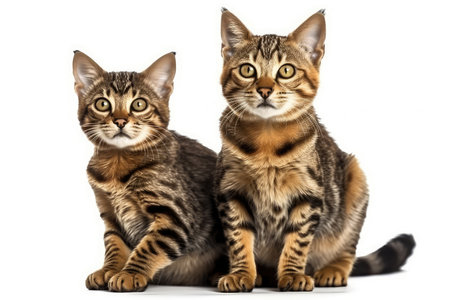 Two tabby kittens sitting and looking at camera, isolated on whiteの素材