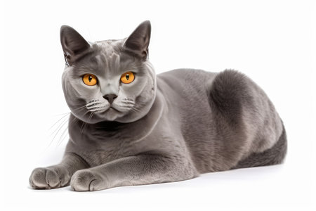 British shorthair cat lying on white background. Isolated image.の素材