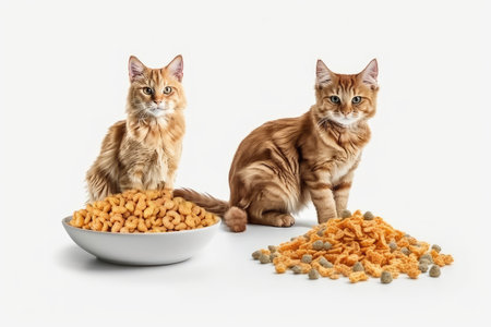 Two cats sitting next to a bowl full of dry pet food on white backgroundの素材