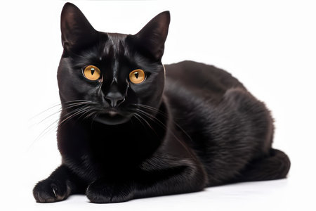 Black cat with yellow eyes isolated on white background. Studio shot.の素材