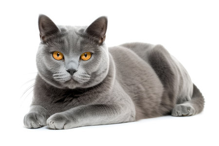 British Shorthair cat lying on white background. Studio shot.の素材
