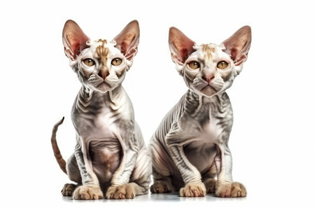 Two Sphynx cats sitting on white background. Front view.の素材