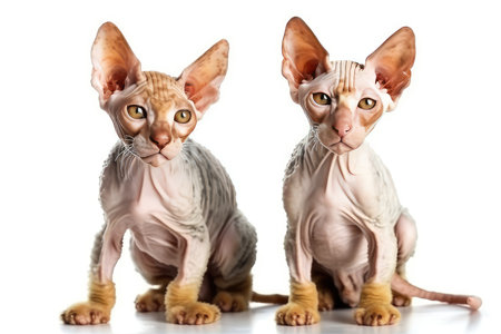 Two Sphynx cats sitting and looking at camera isolated on white backgroundの素材