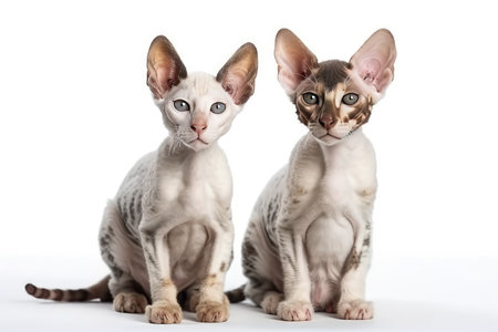 Two Sphynx kittens sitting on white background. Studio shot.の素材