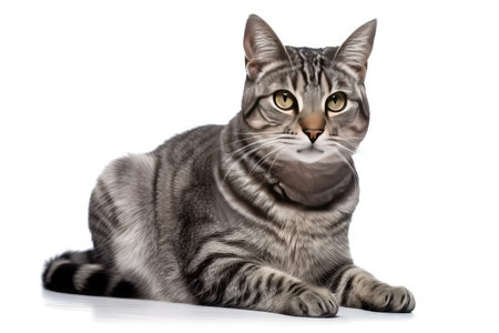 European Shorthair cat lying and looking at camera. isolated on white background.の素材