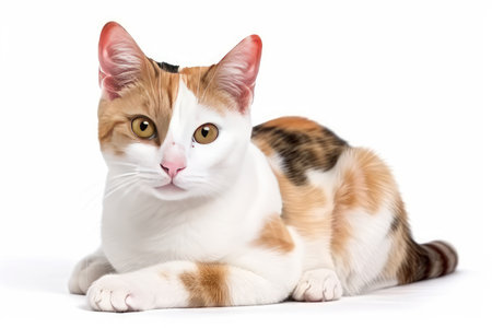 Tricolor cat lying on white background. Looking at camera.の素材