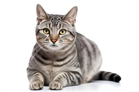 American shorthair cat lying on white background. Isolated image.の素材