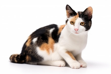 Tricolor cat sitting on white background. Isolated image.の素材