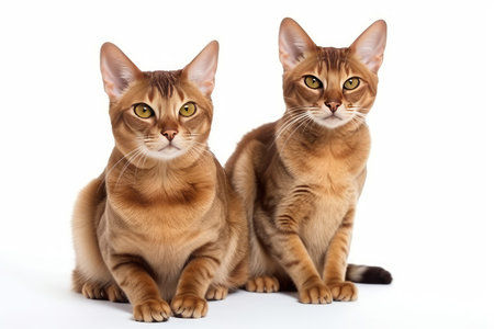 Two abyssinian cats isolated on a white background. Studio shot.の素材