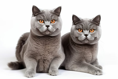 Two gray british shorthair cats on a white background.の素材