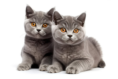 Two gray british shorthair cats isolated on white background.の素材
