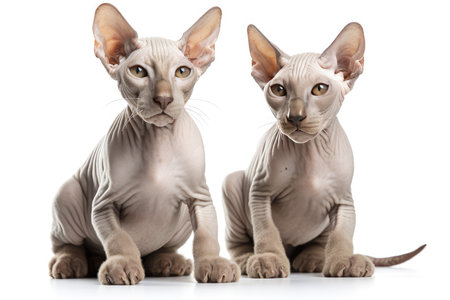 Two Sphynx cats sitting and looking at camera isolated on white backgroundの素材